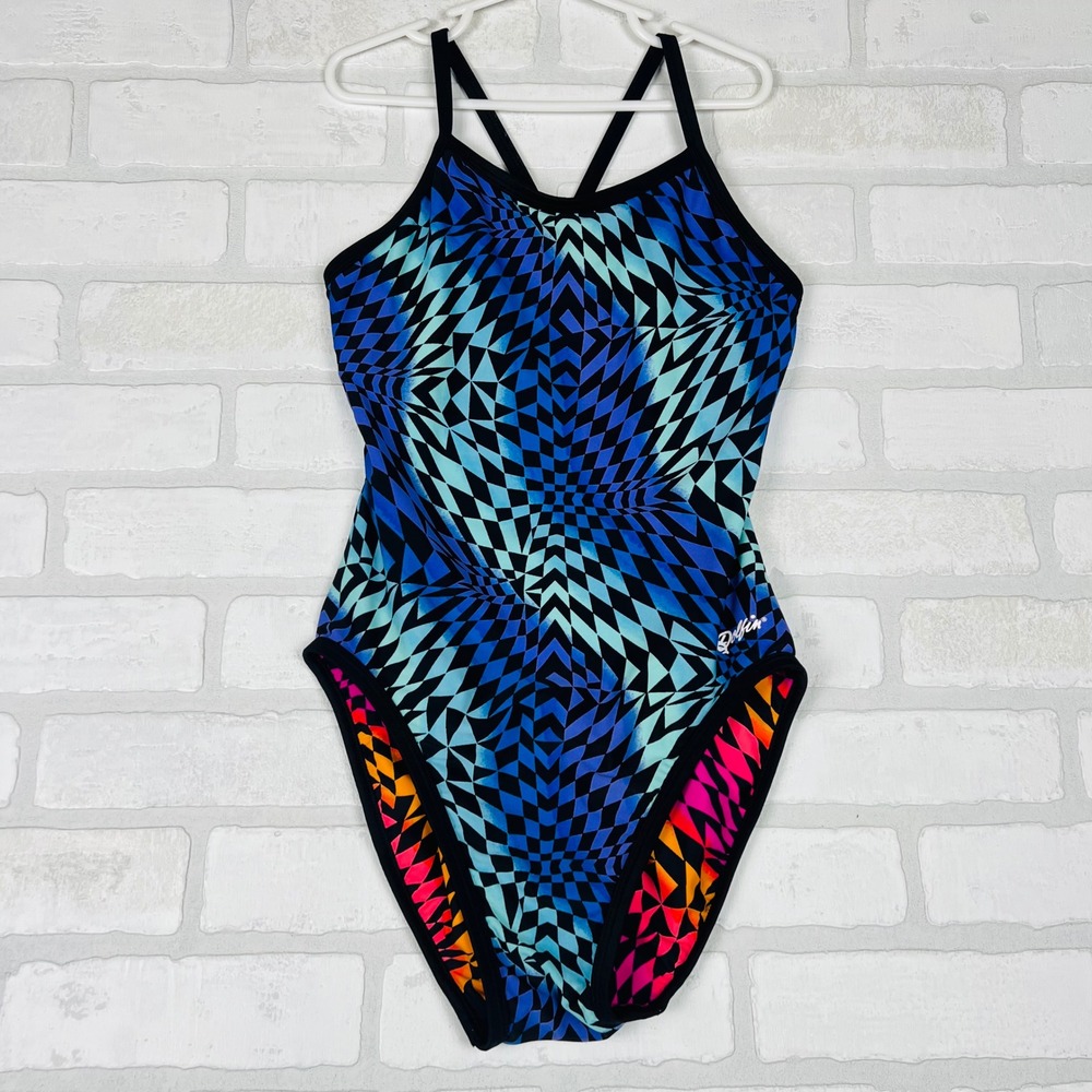 Dolfin Reversible One Piece Swimsuit Blue Neon Pink Geometric Print Womens XS